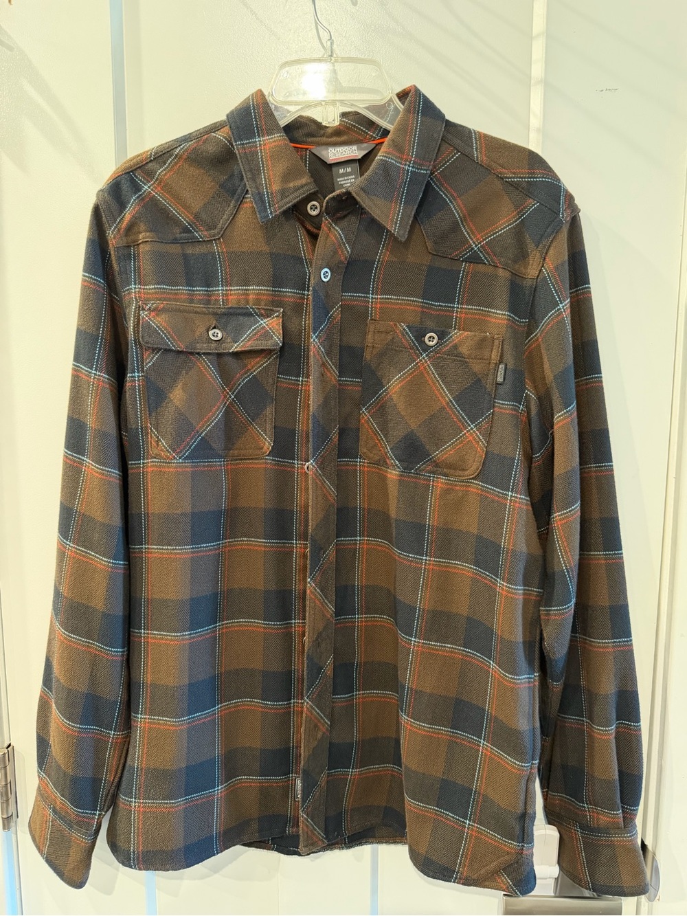 Outdoor Research Brown and Blue Plaid Button-Up Flannel Shirt